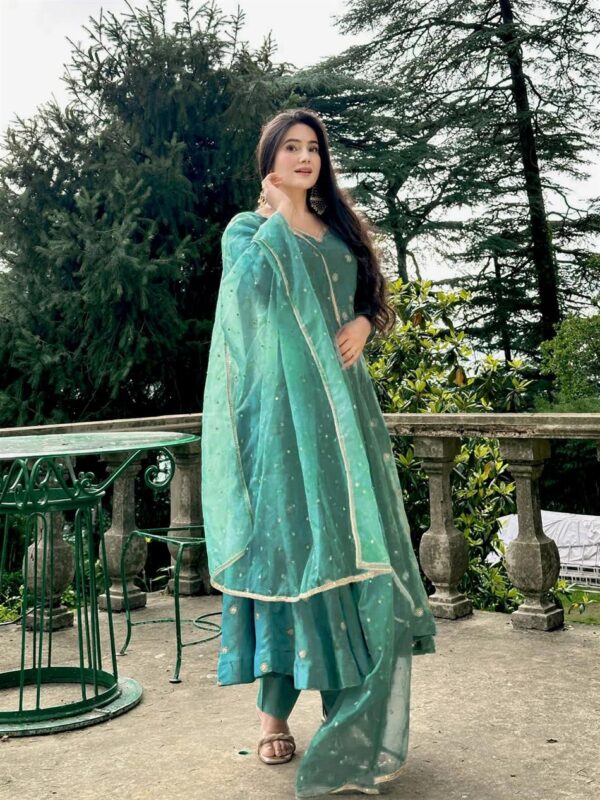 Designer Heavy Simmar Silk Anarkali Suit with Pant and Butterfly Net Dupatta