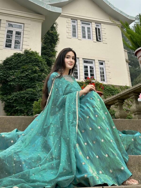 Designer Heavy Simmar Silk Anarkali Suit with Pant and Butterfly Net Dupatta - Image 4