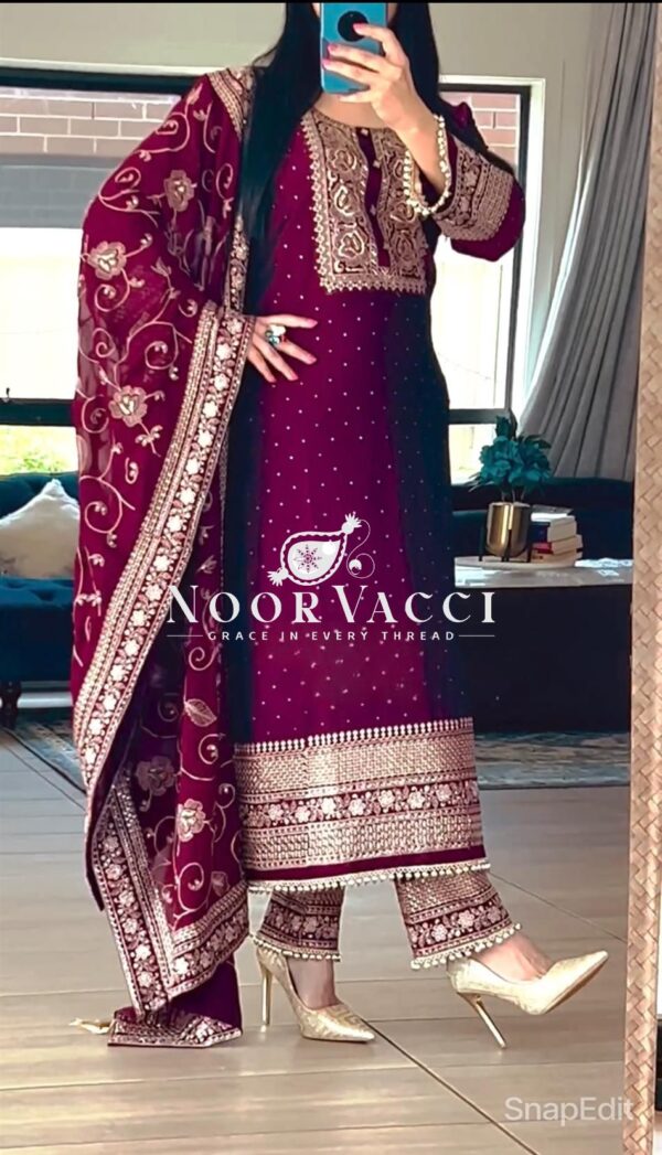 Buy Pure Chinon Silk Pakistani Style Suit with Embroidered Pant and Dupatta - Image 4