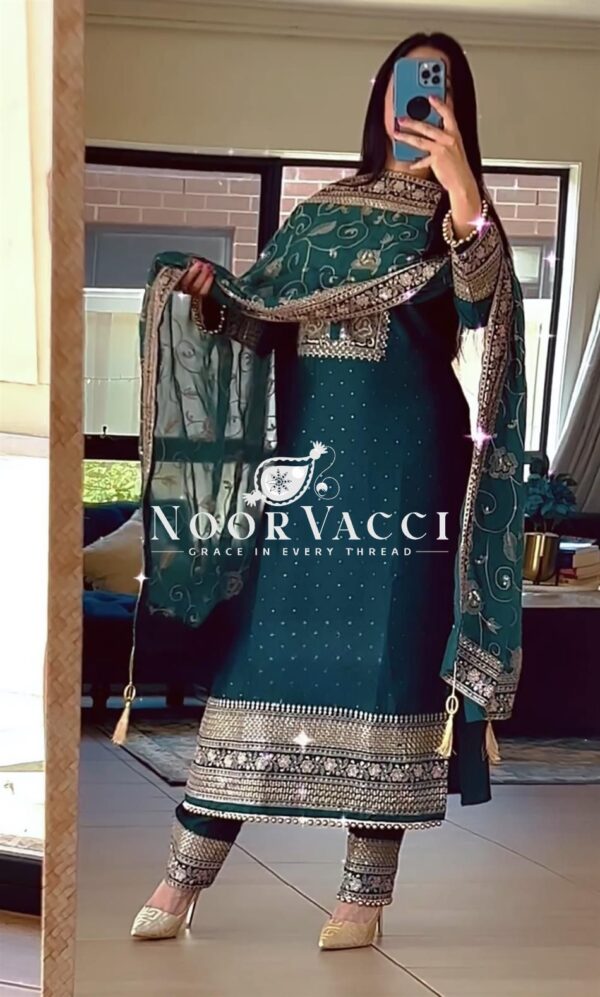 Buy Pure Chinon Silk Pakistani Style Suit with Embroidered Pant and Dupatta - Image 2