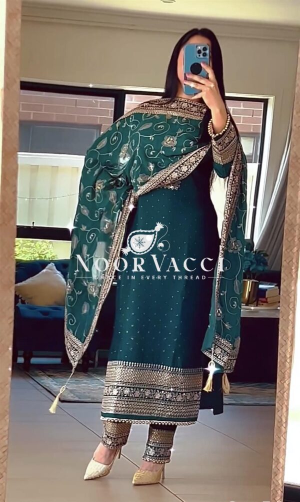 Buy Pure Chinon Silk Pakistani Style Suit with Embroidered Pant and Dupatta - Image 3