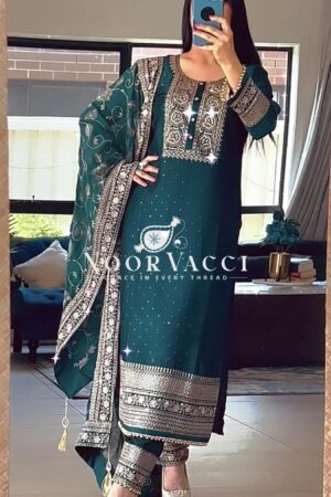 Buy Pure Chinon Silk Pakistani Style Suit with Embroidered Pant and Dupatta