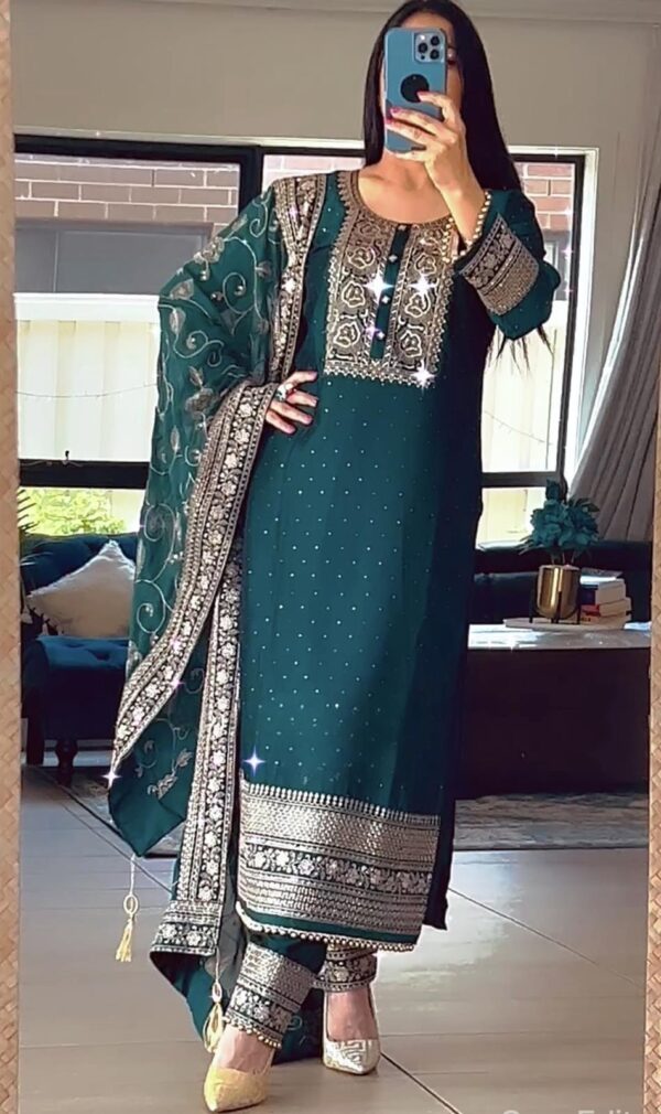 Buy Pure Chinon Silk Pakistani Style Suit with Embroidered Pant and Dupatta