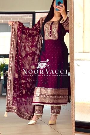 Buy Pure Chinon Silk Pakistani Style Suit with Embroidered Pant and Dupatta