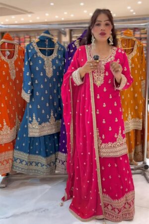 Designer Chinnon Silk Embroidered Top, Sharara Plazzo & Dupatta Set