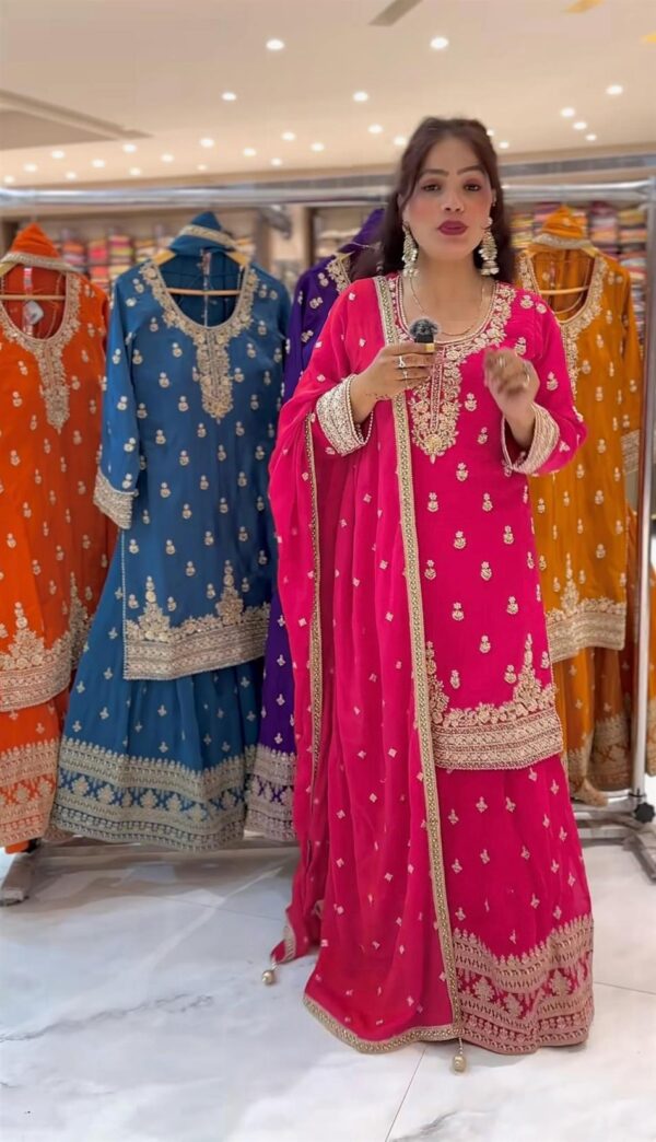 Designer Chinnon Silk Embroidered Top, Sharara Plazzo & Dupatta Set