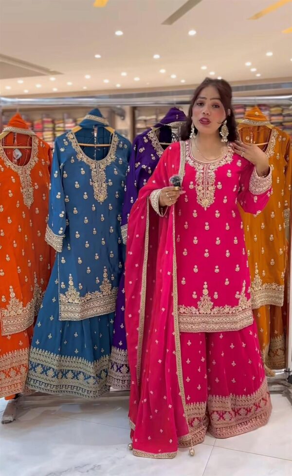 Designer Chinnon Silk Embroidered Top, Sharara Plazzo & Dupatta Set - Image 2
