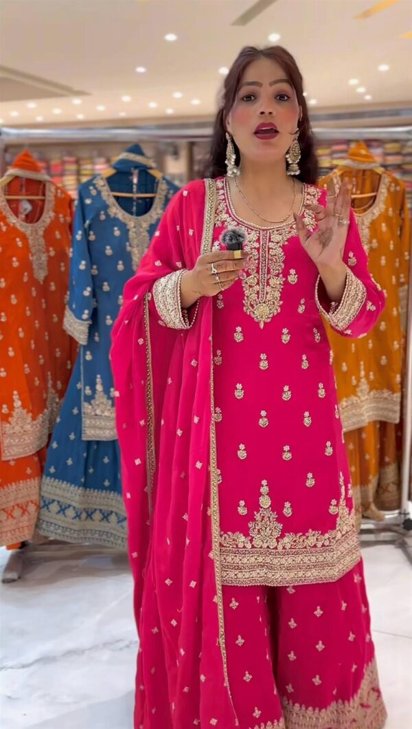 Designer Chinnon Silk Embroidered Top, Sharara Plazzo & Dupatta Set - Image 3