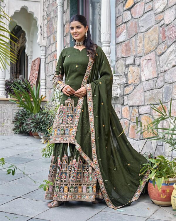 Shop Pure Chinnon Silk Embroidered Top-Plazzo Set with Dupatta