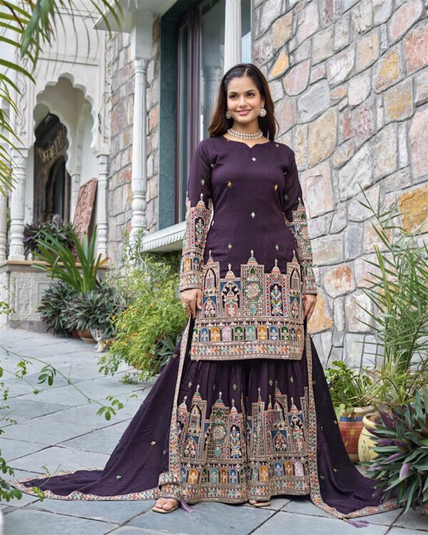 Shop Pure Chinnon Silk Embroidered Top-Plazzo Set with Dupatta - Image 3
