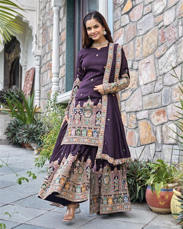 Shop Pure Chinnon Silk Embroidered Top-Plazzo Set with Dupatta - Image 8
