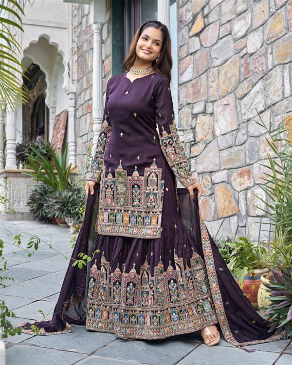 Shop Pure Chinnon Silk Embroidered Top-Plazzo Set with Dupatta - Image 5