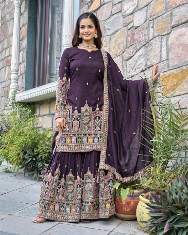 Shop Pure Chinnon Silk Embroidered Top-Plazzo Set with Dupatta - Image 6