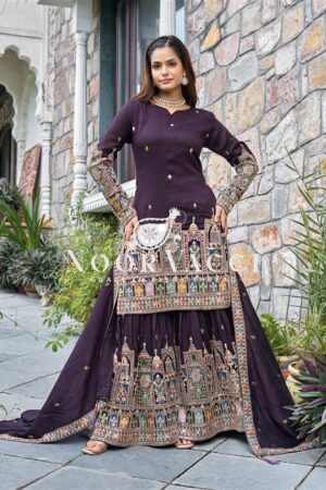 Shop Pure Chinnon Silk Embroidered Top-Plazzo Set with Dupatta