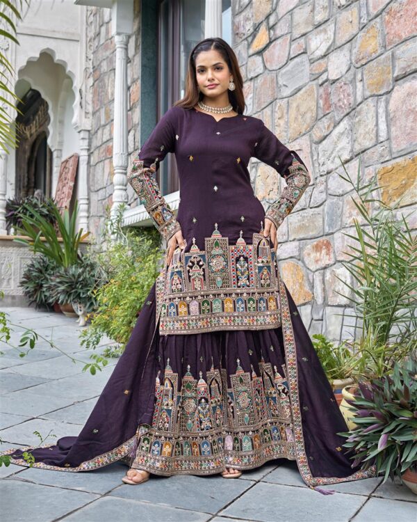 Shop Pure Chinnon Silk Embroidered Top-Plazzo Set with Dupatta