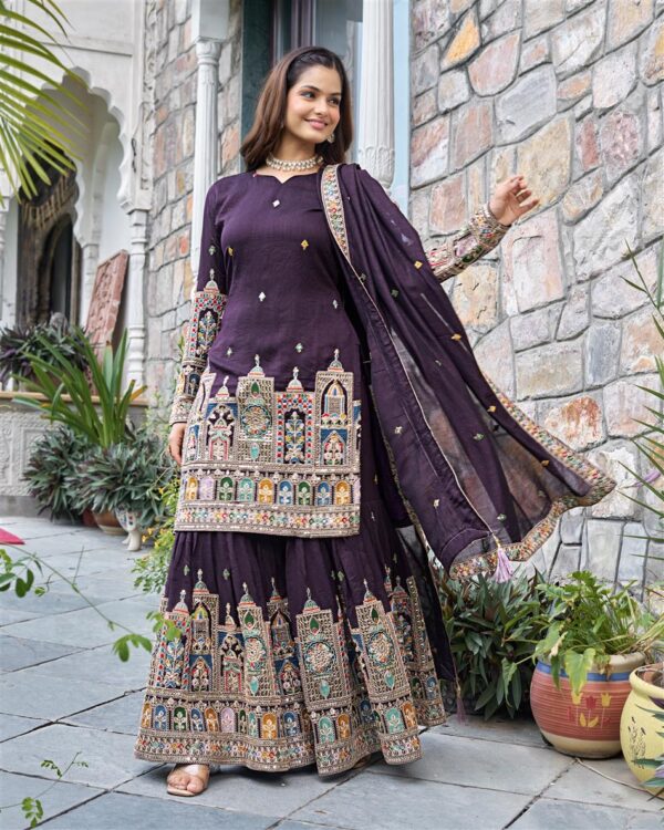 Shop Pure Chinnon Silk Embroidered Top-Plazzo Set with Dupatta - Image 2