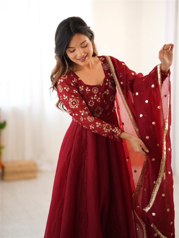 Crunchy Silk Embroidered Gown Set with Dupatta - Image 6