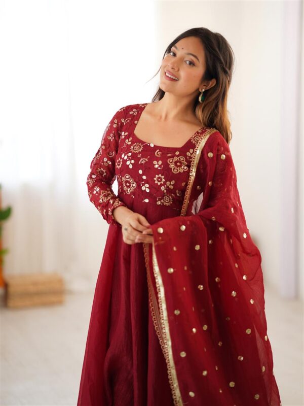 Crunchy Silk Embroidered Gown Set with Dupatta - Image 4