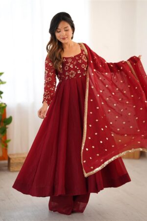 Crunchy Silk Embroidered Gown Set with Dupatta
