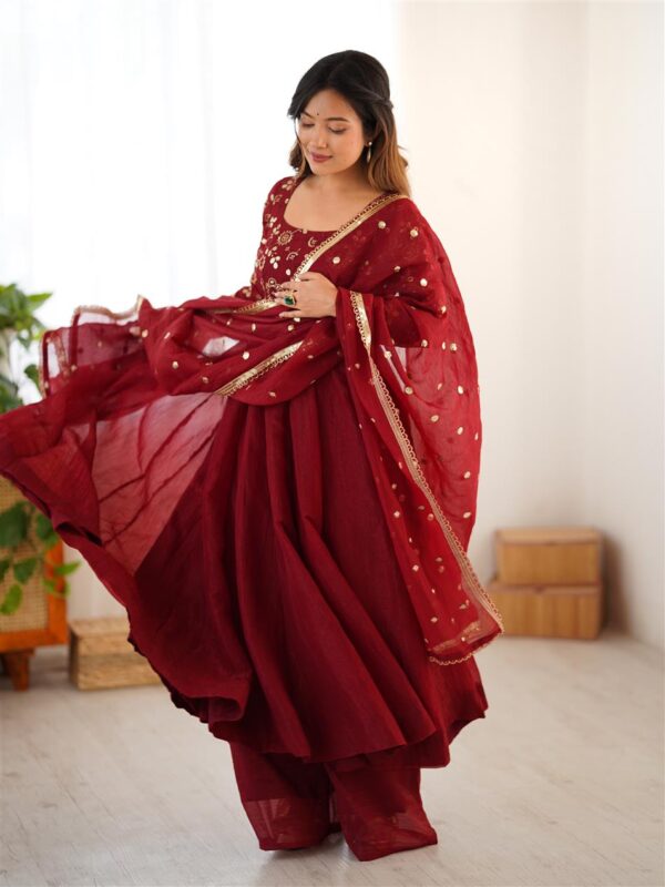Crunchy Silk Embroidered Gown Set with Dupatta - Image 2