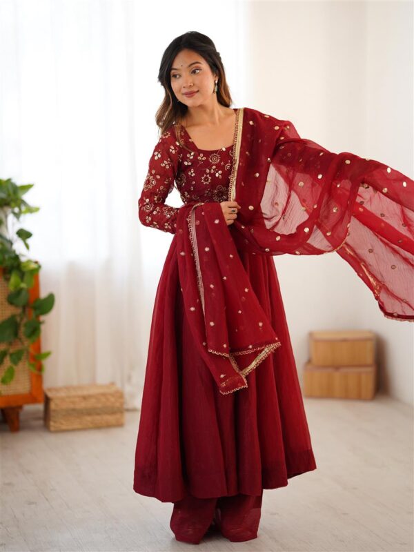 Crunchy Silk Embroidered Gown Set with Dupatta - Image 3