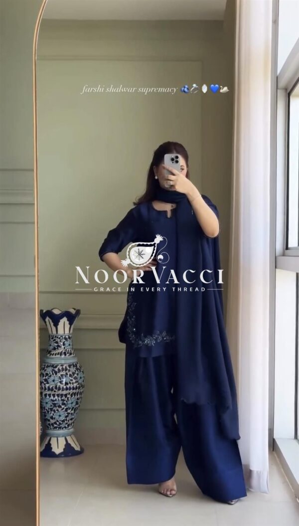 Buy Crepe Silk Embroidered Top with Farshi Salwar and Organza Dupatta