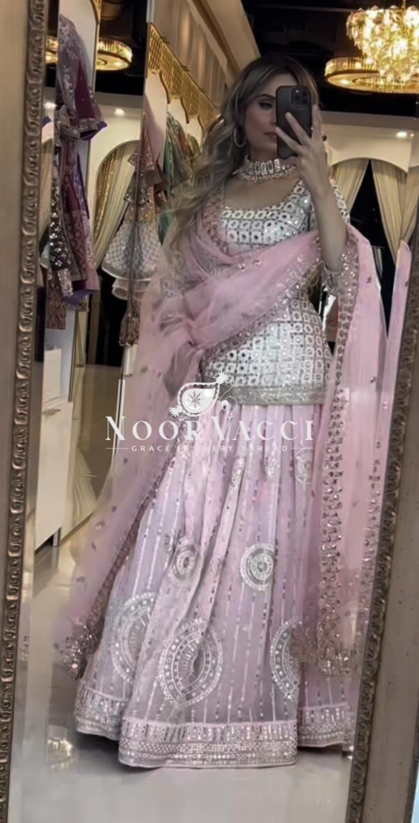 Shop Faux Georgette Embroidered Top Lehenga with Fancy Butterfly Net Dupatta - Image 4