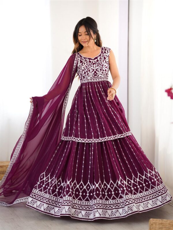 Shop Faux Georgette Thread & 9MM Sequin Embroidered Lehenga Set with Dupatta - Image 2