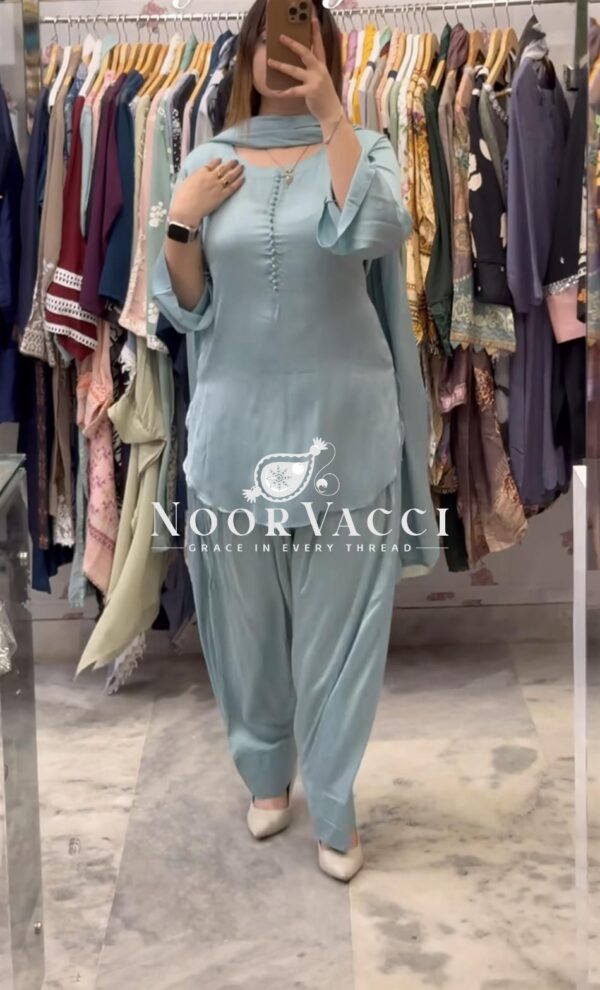 Buy Natural Crepe Silk Top with Farshi Salwar and Dupatta