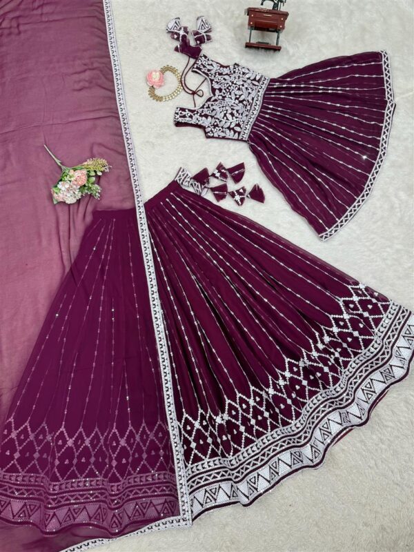 Shop Faux Georgette Thread & 9MM Sequin Embroidered Lehenga Set with Dupatta - Image 4