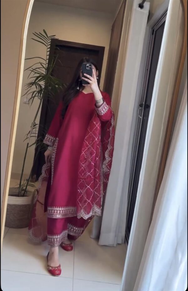 Shop Malay Satin Silk Embroidered Pakistani Suit with Dupatta - Image 6