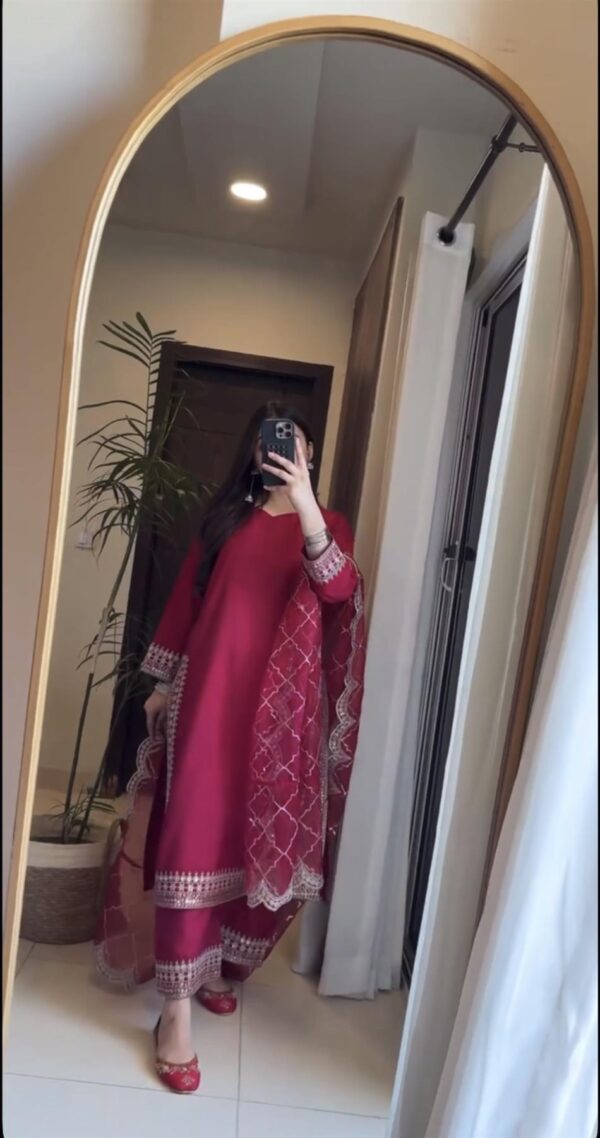 Shop Malay Satin Silk Embroidered Pakistani Suit with Dupatta - Image 3
