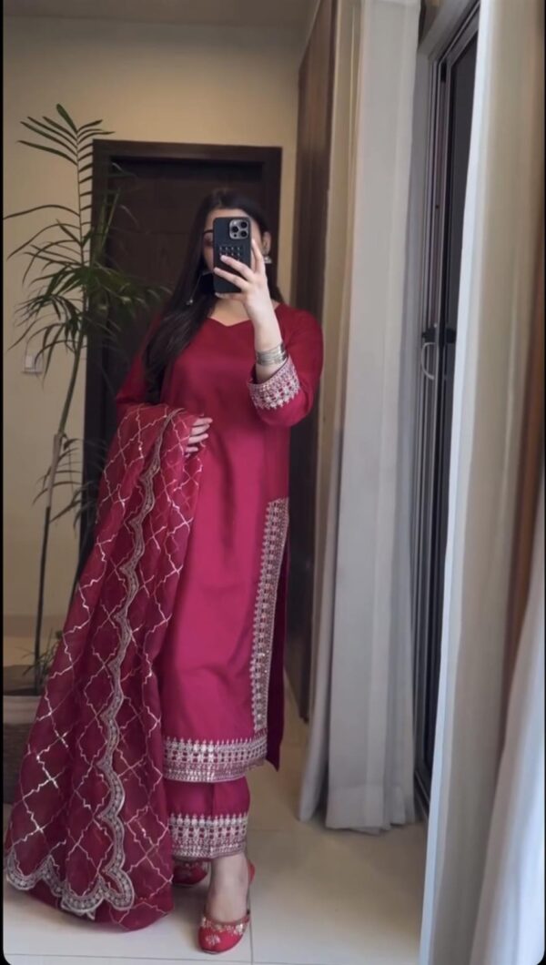 Shop Malay Satin Silk Embroidered Pakistani Suit with Dupatta - Image 2