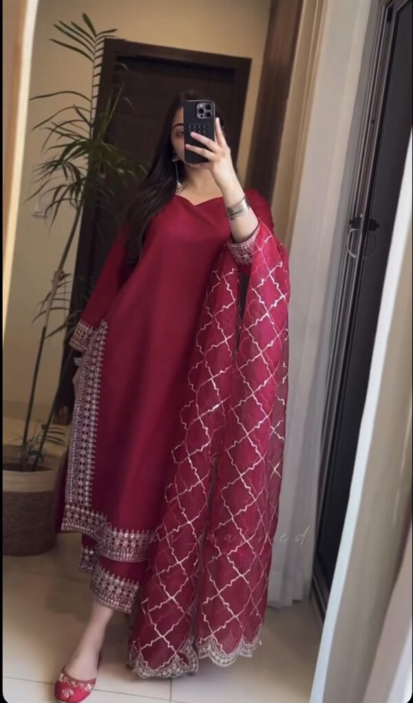 Shop Malay Satin Silk Embroidered Pakistani Suit with Dupatta
