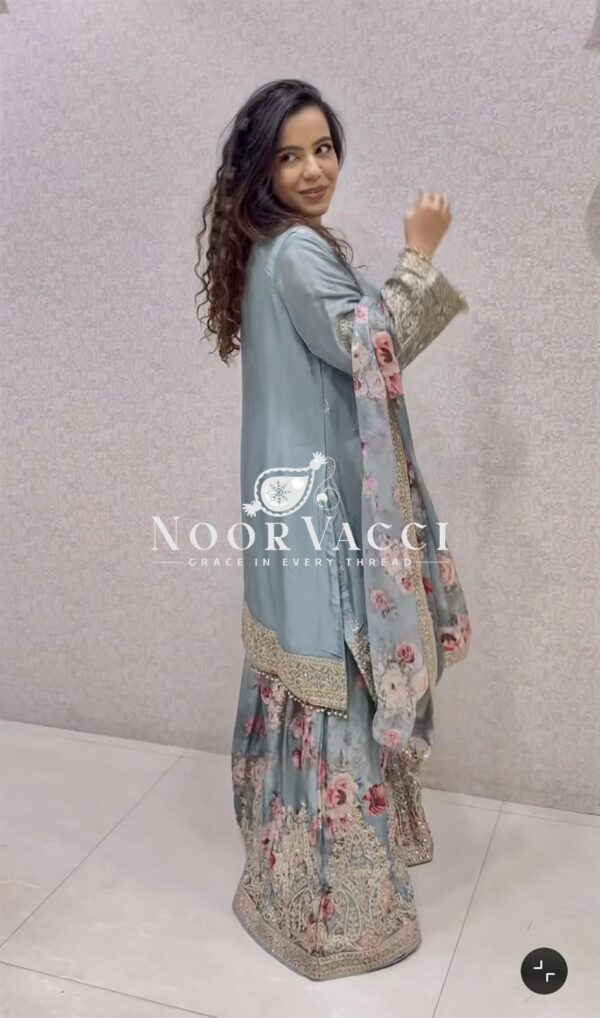Buy Designer Chinon Silk Embroidered Top Plazzo & Dupatta Set - Image 2