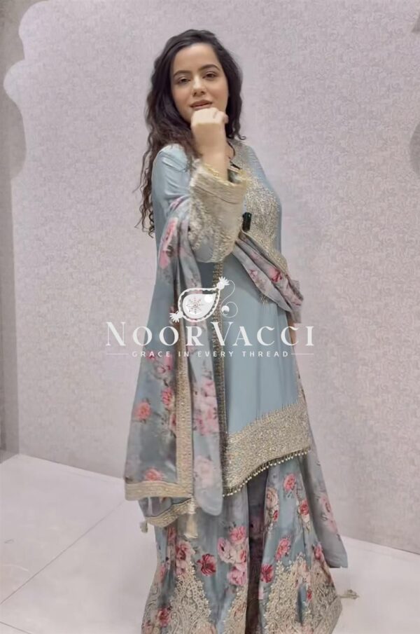 Buy Designer Chinon Silk Embroidered Top Plazzo & Dupatta Set - Image 3