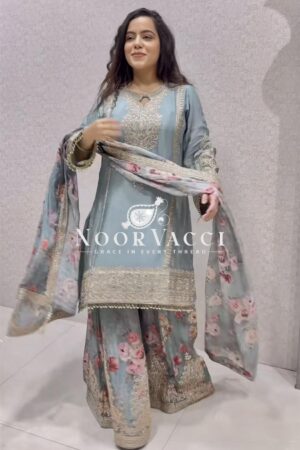 Buy Designer Chinon Silk Embroidered Top Plazzo & Dupatta Set