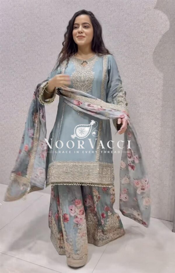Buy Designer Chinon Silk Embroidered Top Plazzo & Dupatta Set