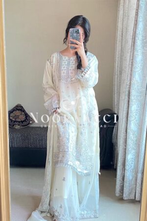 Buy Faux Georgette Embroidered Palazzo Suit with Dupatta