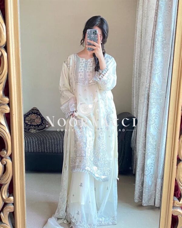 Buy Faux Georgette Embroidered Palazzo Suit with Dupatta