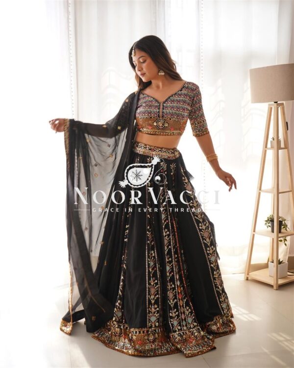 Shop Faux Georgette Thread & Sequin Embroidered Lehenga Choli Set with Dupatta - Image 3