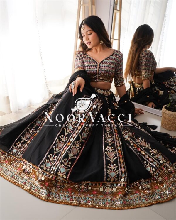 Shop Faux Georgette Thread & Sequin Embroidered Lehenga Choli Set with Dupatta - Image 2
