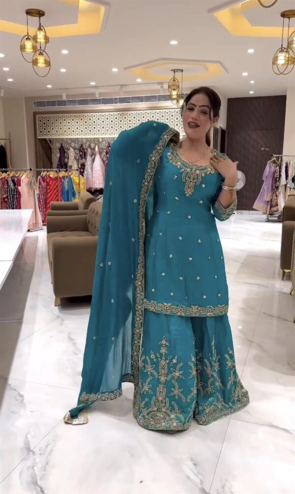 Buy Natural Crepe Silk Embroidered Sharara Plazo Set with Dupatta - Image 2