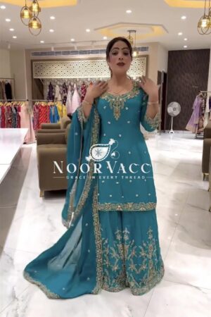Buy Natural Crepe Silk Embroidered Sharara Plazo Set with Dupatta