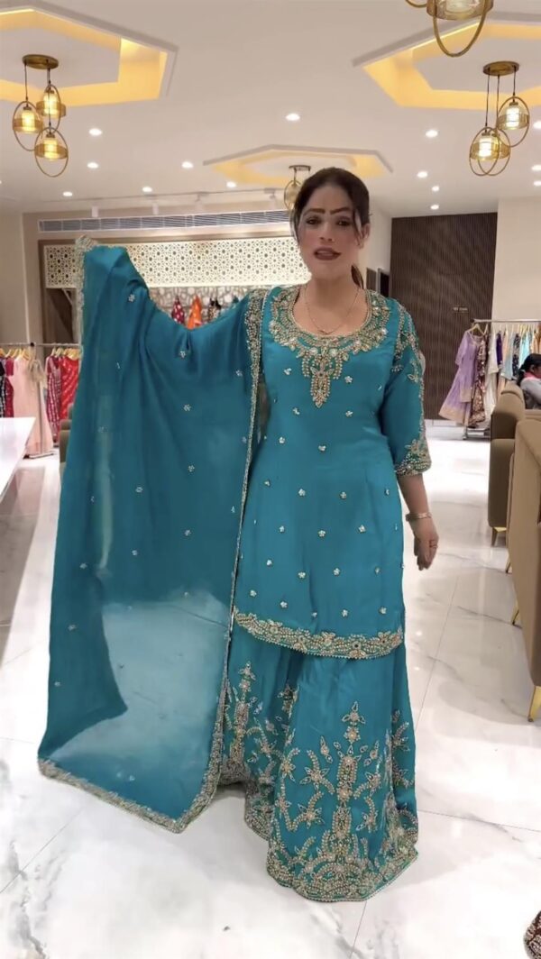 Buy Natural Crepe Silk Embroidered Sharara Plazo Set with Dupatta - Image 3