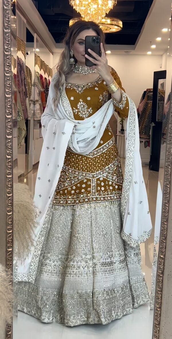 Chinon Silk Embroidered Top Lehenga Set with Dupatta - Image 3