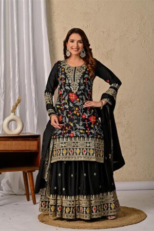Chinon Silk Embroidered Top with Sharara Plazzo and Dupatta