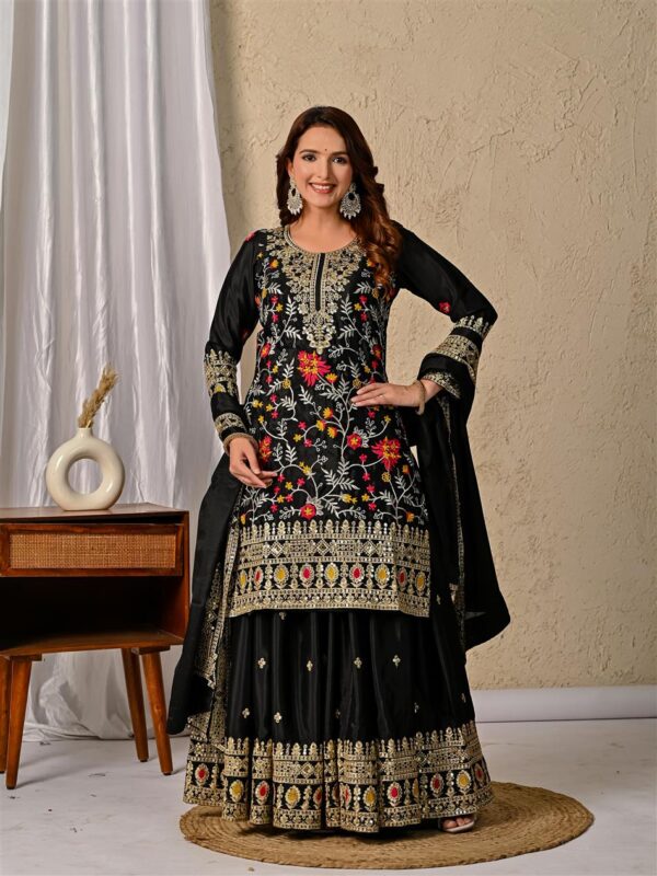 Chinon Silk Embroidered Top with Sharara Plazzo and Dupatta