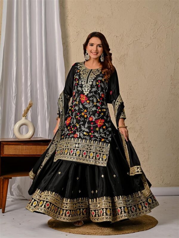 Chinon Silk Embroidered Top with Sharara Plazzo and Dupatta - Image 5