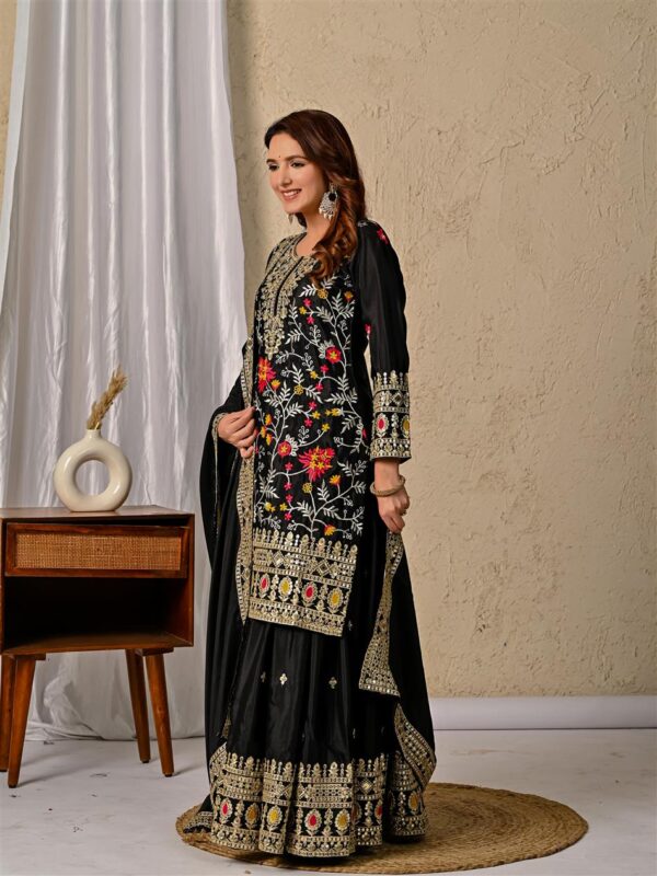 Chinon Silk Embroidered Top with Sharara Plazzo and Dupatta - Image 2